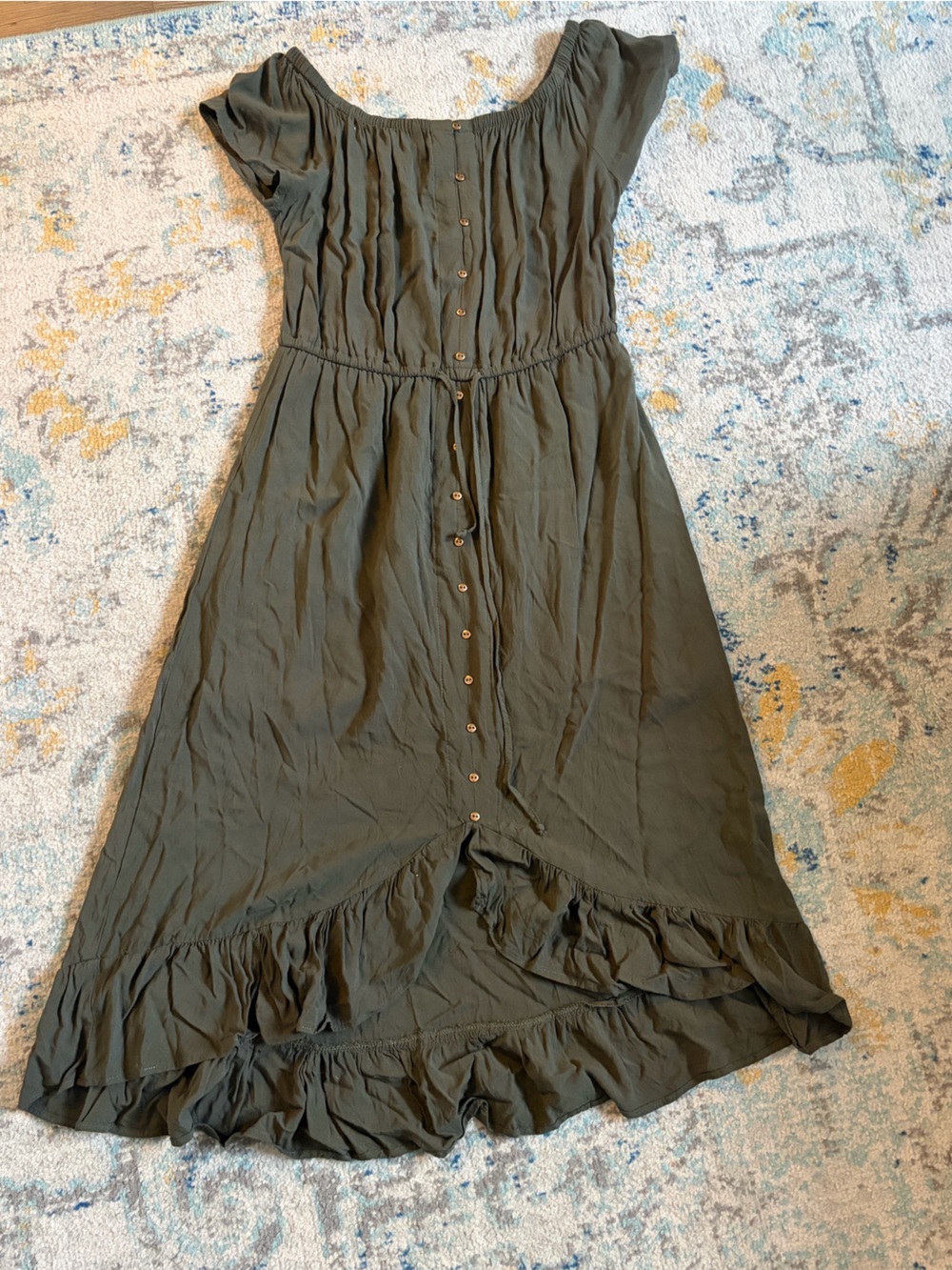 Women's Olive Green Button-Front Ruffle Hem Dress